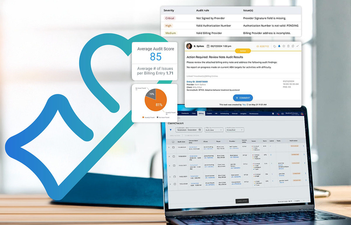 CentralReach ClaimCheckAI interface showing a claim audit dashboard, issue alerts, and an average audit score