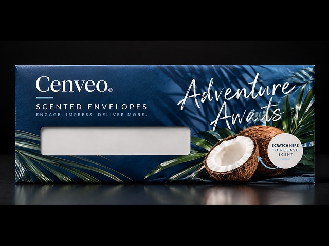 Navy Cenveo envelope with a coconut scratch-and-sniff panel