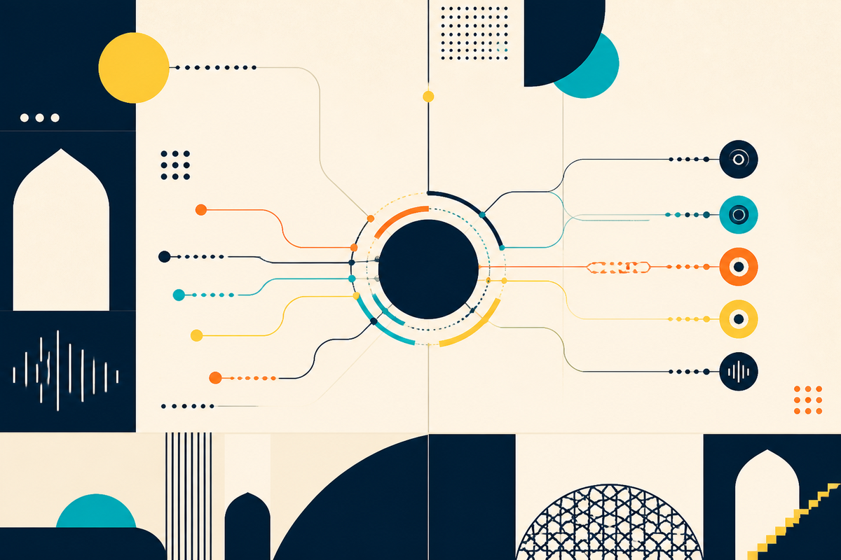 Abstract geometric routes converge on a central communications hub before branching into multiple channels