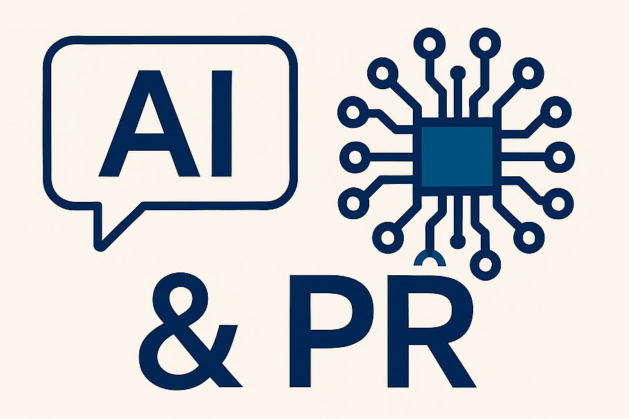 Illustration combining an AI speech bubble, a computer chip and the letters PR