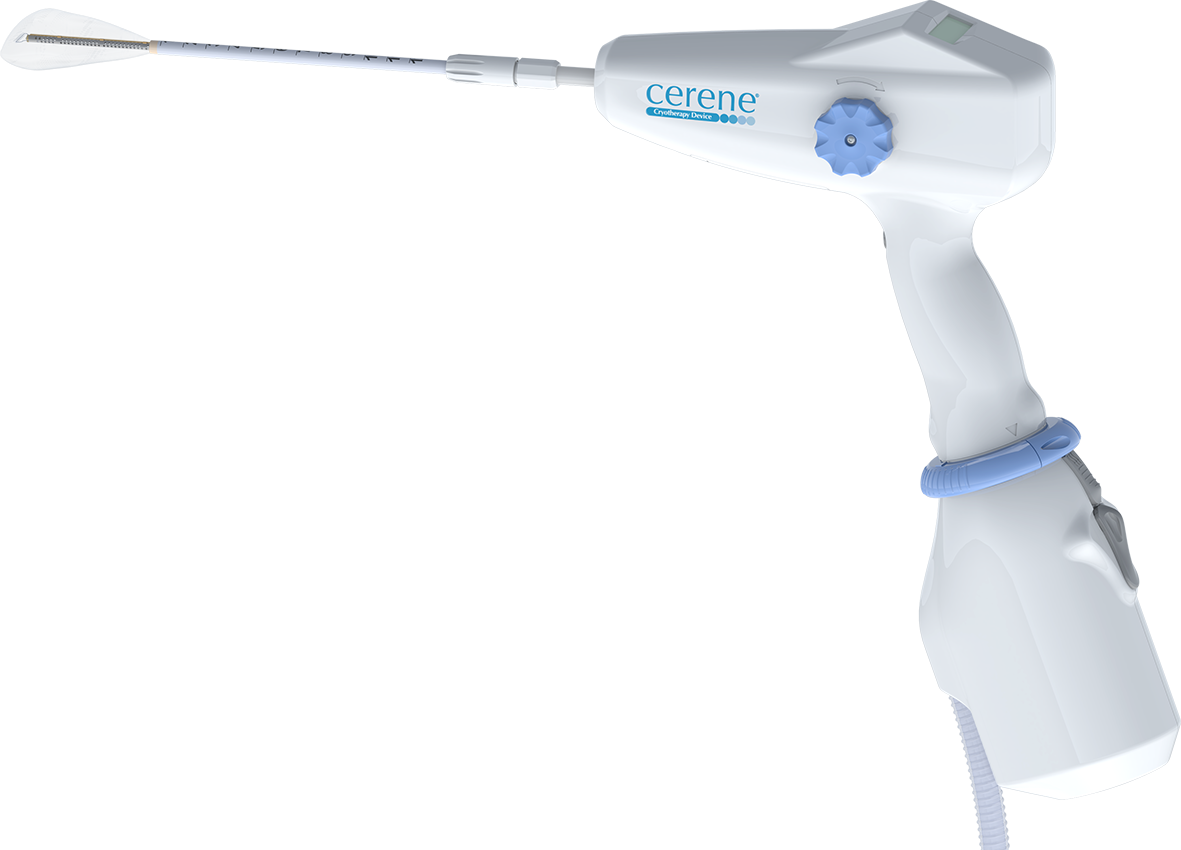 The Cerene single-use cryotherapy device with its slender uterine probe and handheld body