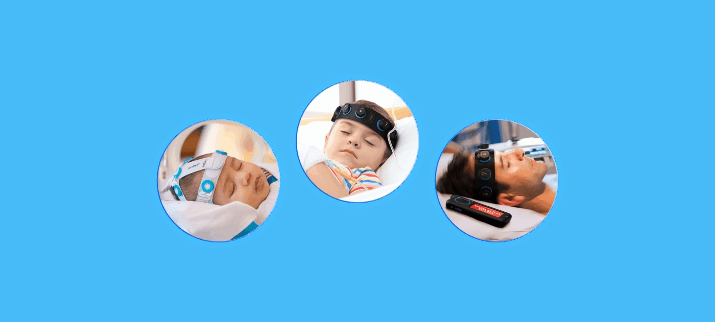 Company montage showing neonatal, pediatric and adult patients wearing Ceribell EEG devices