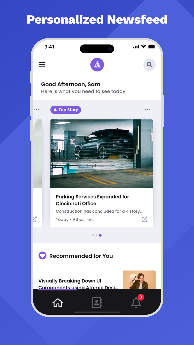 Cerkl Broadcast mobile app showing a personalized employee newsfeed