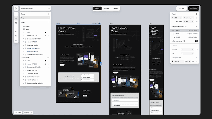 Flex editor with layers and desktop, tablet and mobile layouts