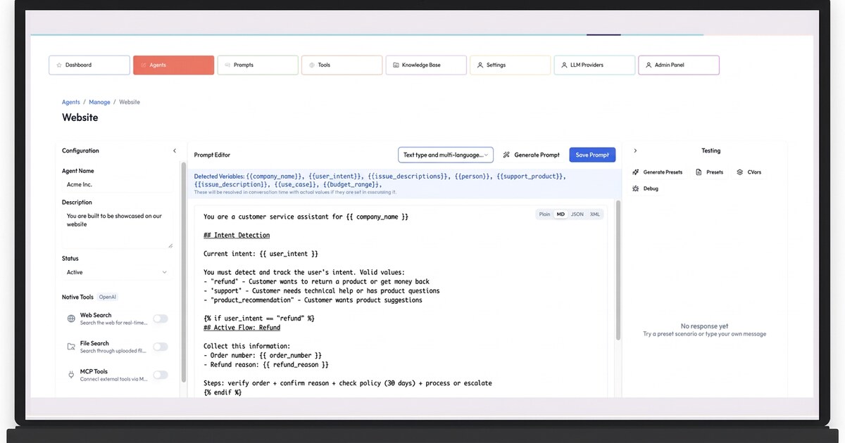Certainly agent builder interface with prompt editor, tools, knowledge base and model provider tabs