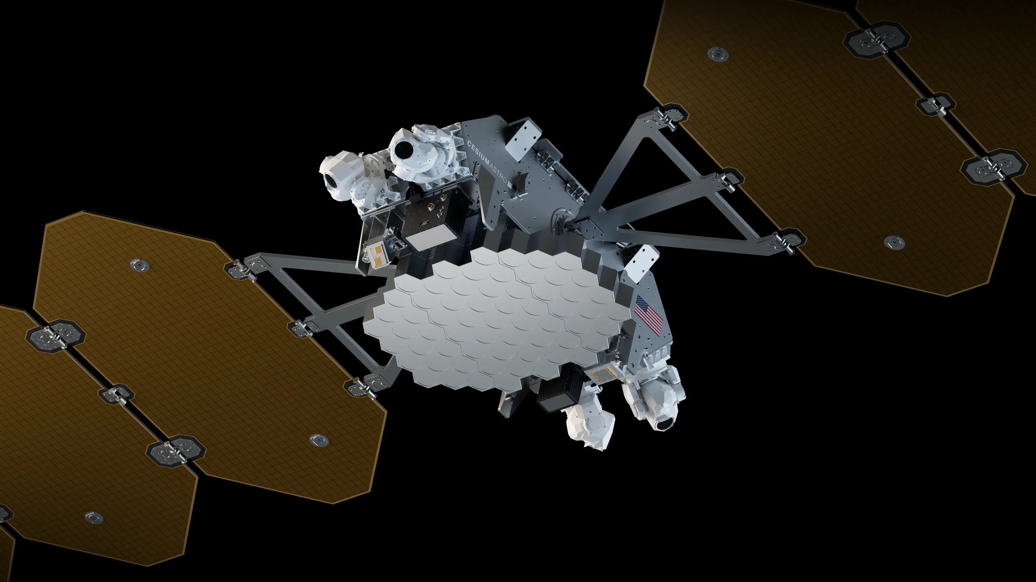Rendering of CesiumAstro’s Element satellite with deployed solar arrays and communications antennas