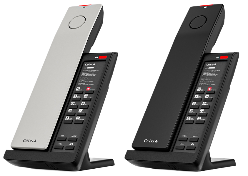 Black and white versions of the vertical Teledex V-Series hotel phone