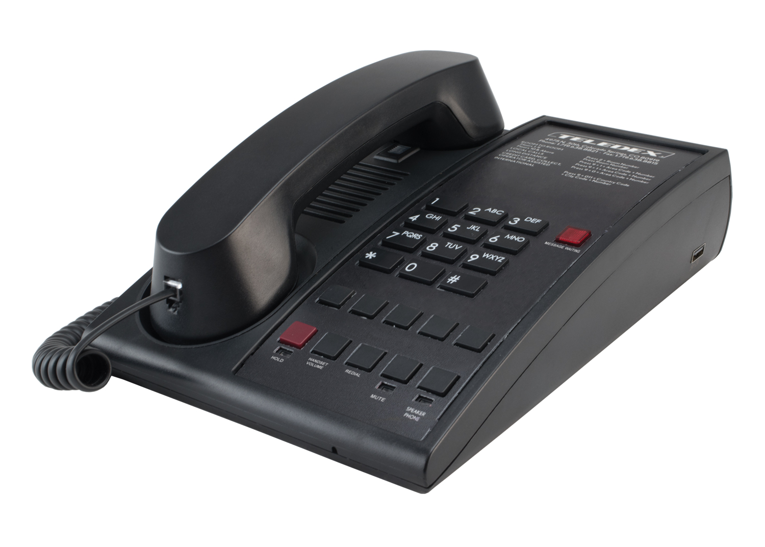 Black Teledex D Series hotel telephone on a white background