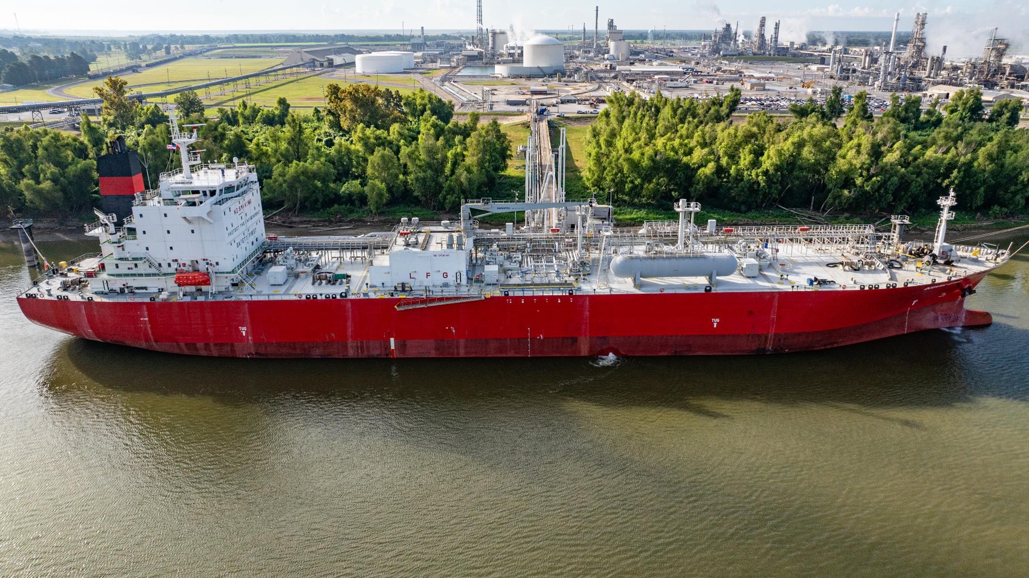 An ammonia carrier loading alongside CF Industries’ Donaldsonville complex in Louisiana