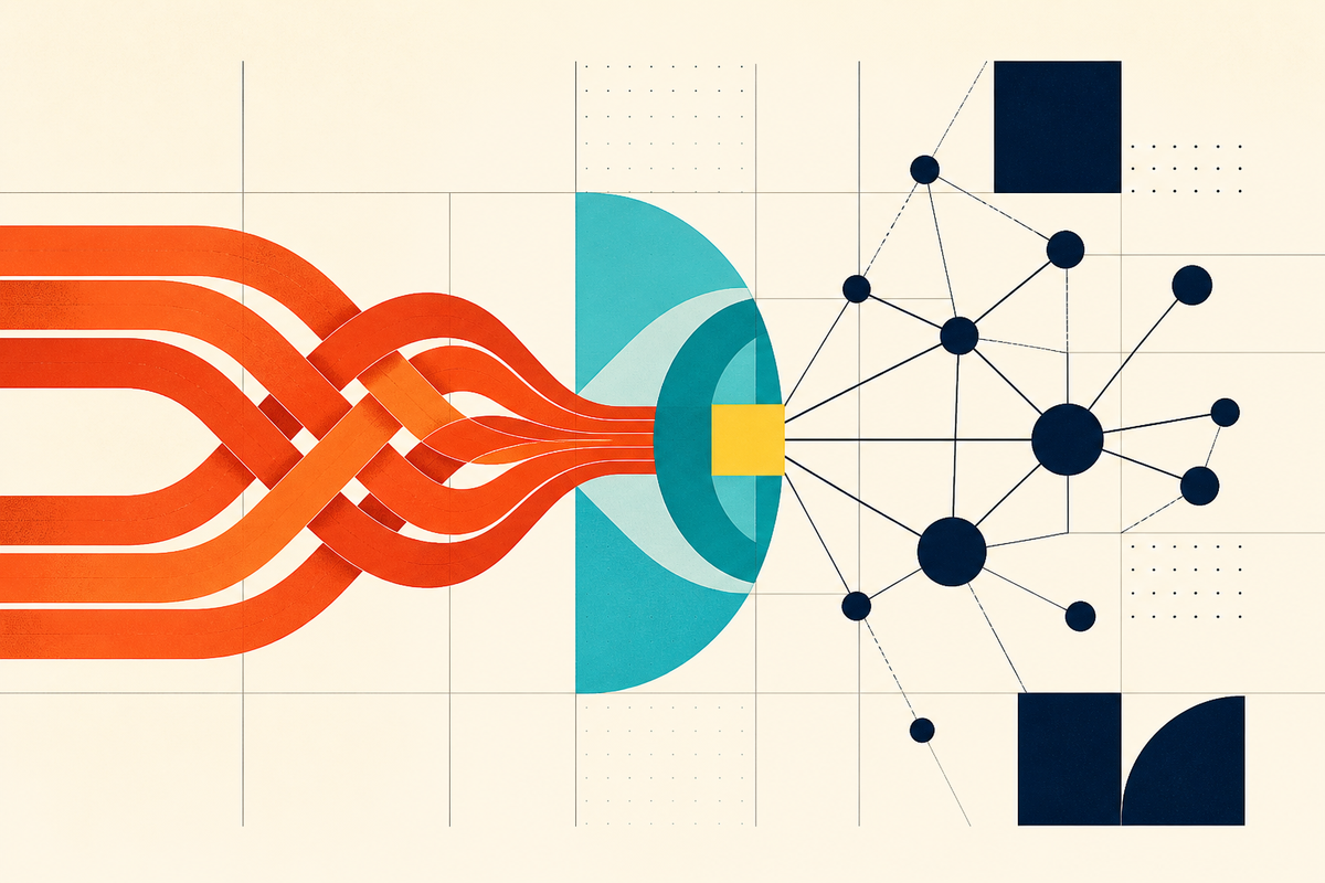 Abstract Swiss-style geometry showing woven supply lines passing through a learning portal into a connected operating network