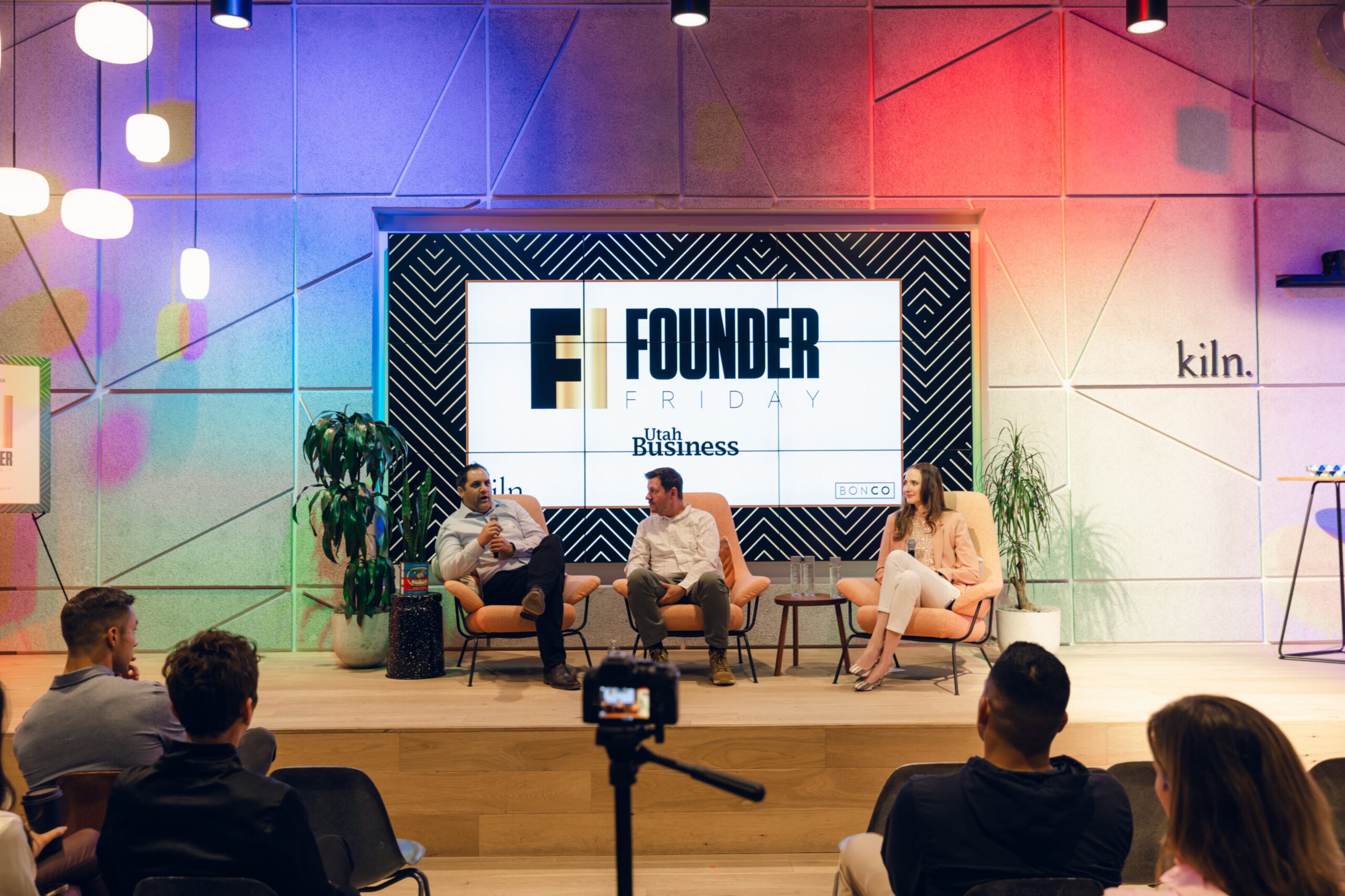 Chad Staheli and Greg Whitehead in conversation with Melanie Jones at Founder Friday at Kiln