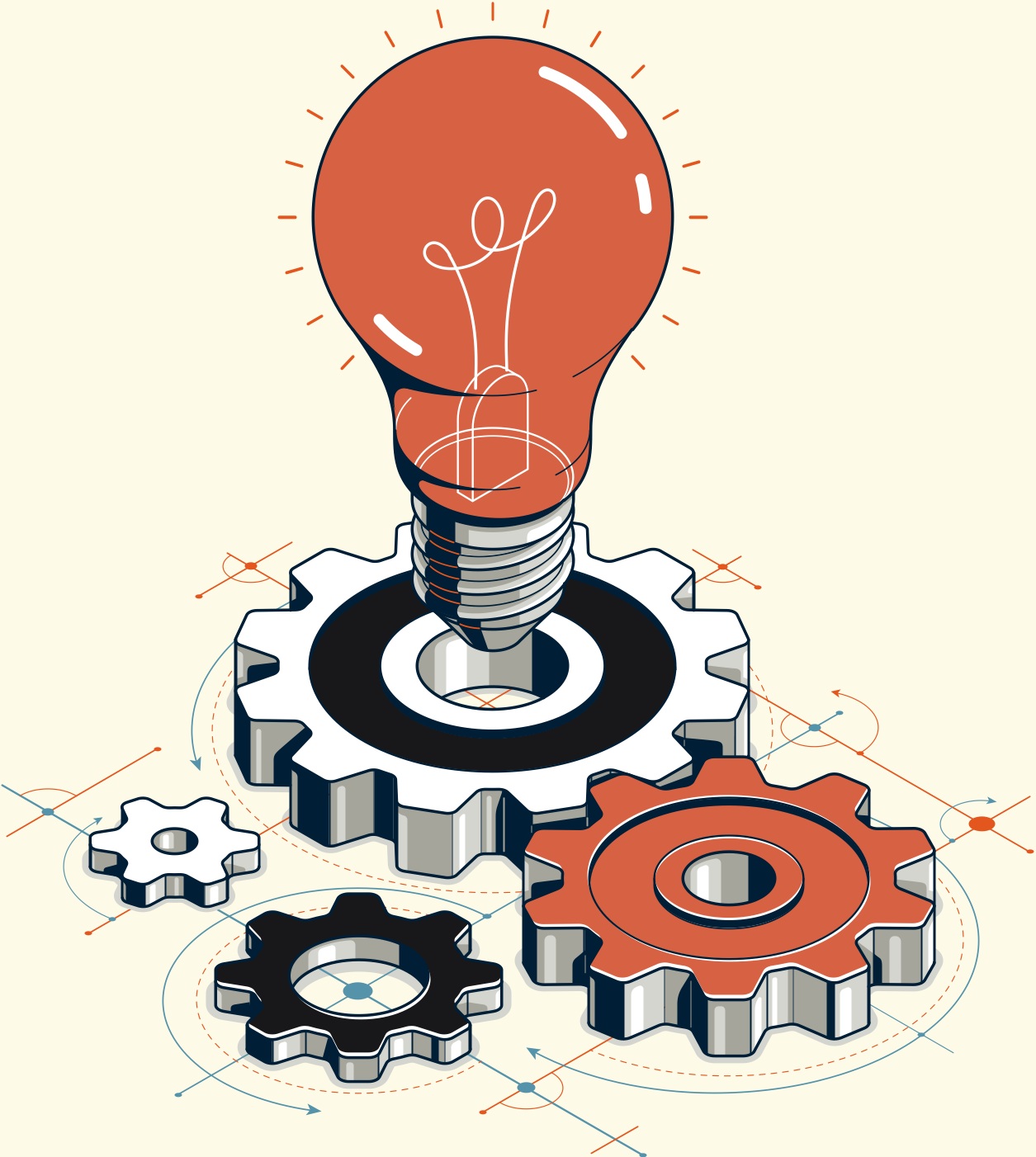 Chainsaw Communications illustration of an orange lightbulb set into interlocking gears