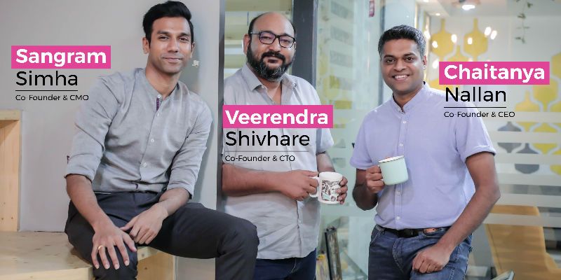 IncNut co-founders Sangram Simha, Veerendra Shivhare and Chaitanya Nallan holding mugs in an office