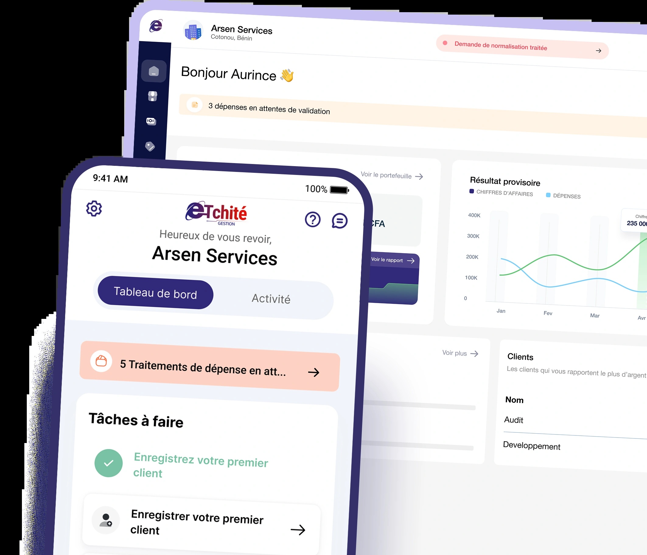 Official e-Tchité product mockup showing its mobile and web dashboards