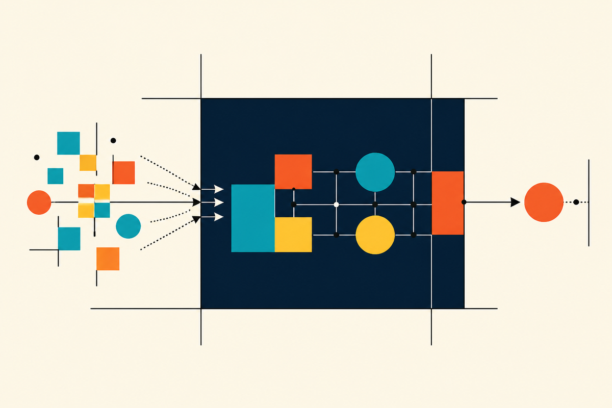Abstract Swiss-style composition showing scattered modules entering a structured operating system and one module exiting