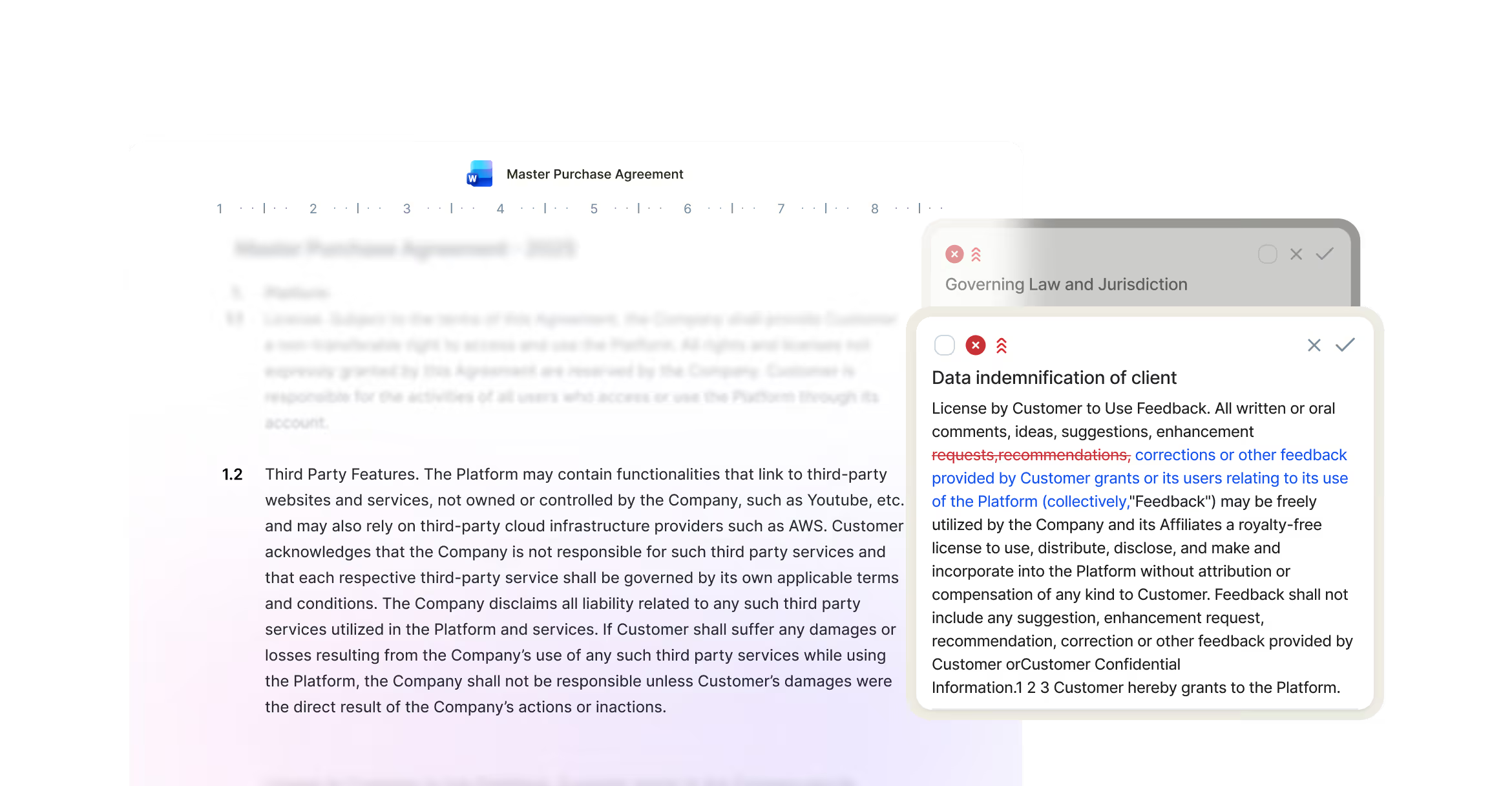 Chamelio product illustration showing a purchase agreement and suggested contract edits