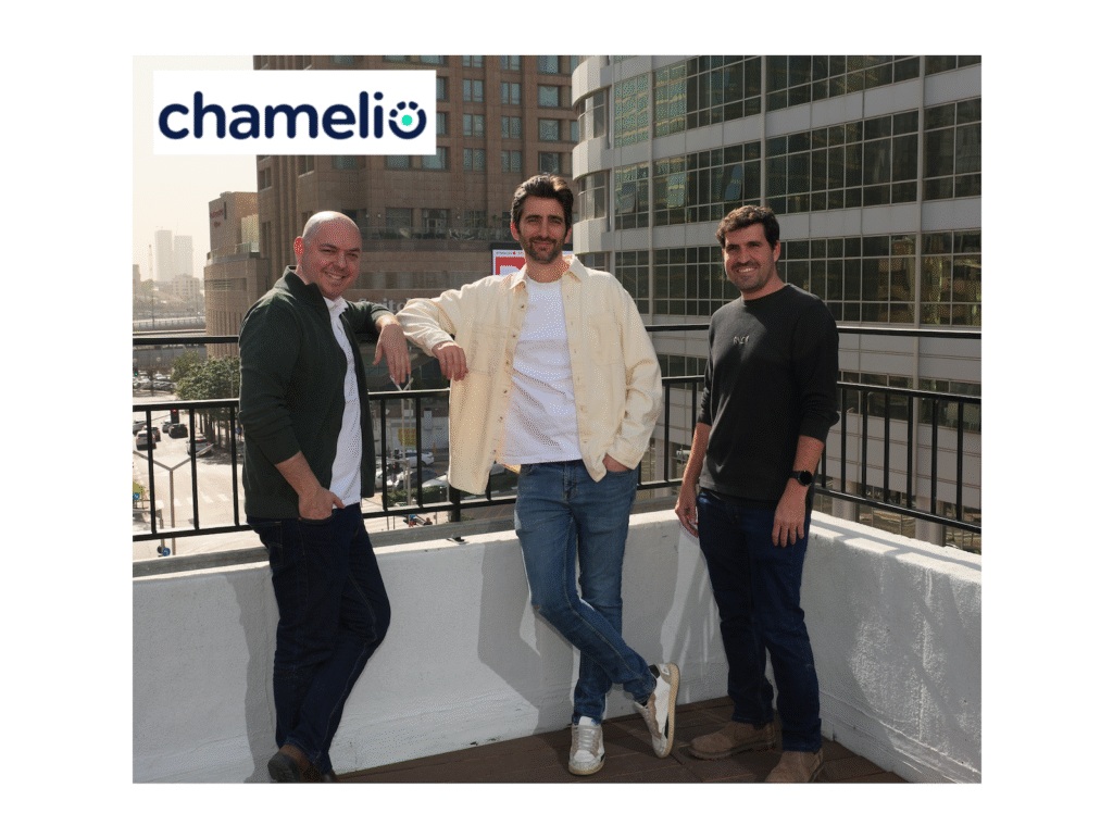 Chamelio co-founders Alex Zilberman, Gil Banyas and Gal Lellouche standing together on a terrace