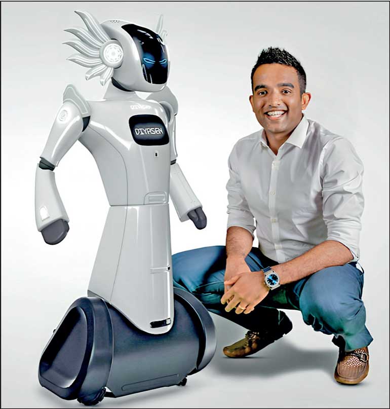 Chamira Jayasinghe beside Arimac’s Diyazen humanoid robot
