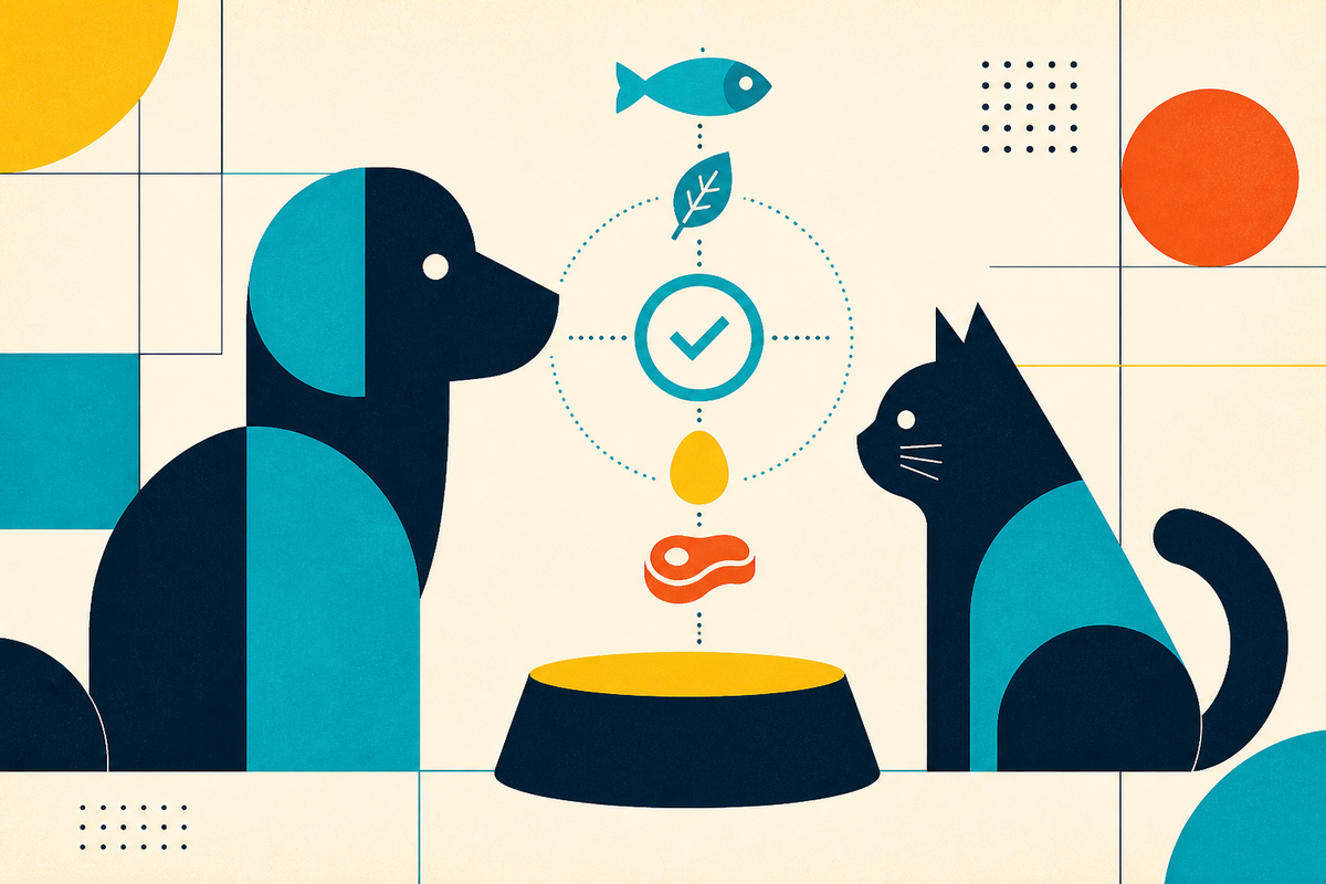 Geometric illustration of a dog and cat facing a bowl while fish, leaf, egg and meat symbols pass through a quality check