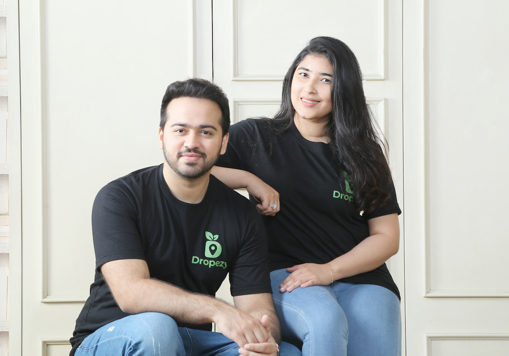 Dropezy co-founders Nitesh Chellaram and Chandni Chainani wearing company shirts