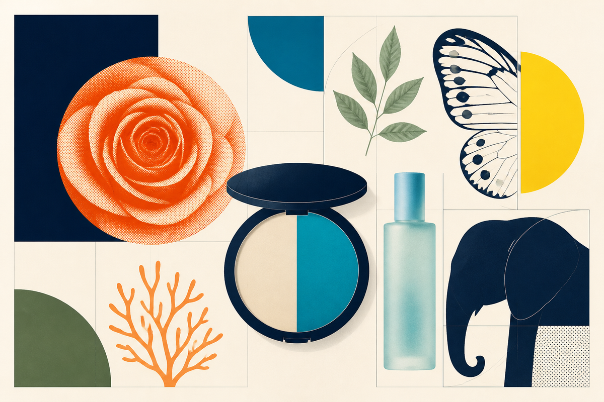 Abstract Swiss-style composition of a rose, cosmetic compact, serum bottle, butterfly, coral and elephant