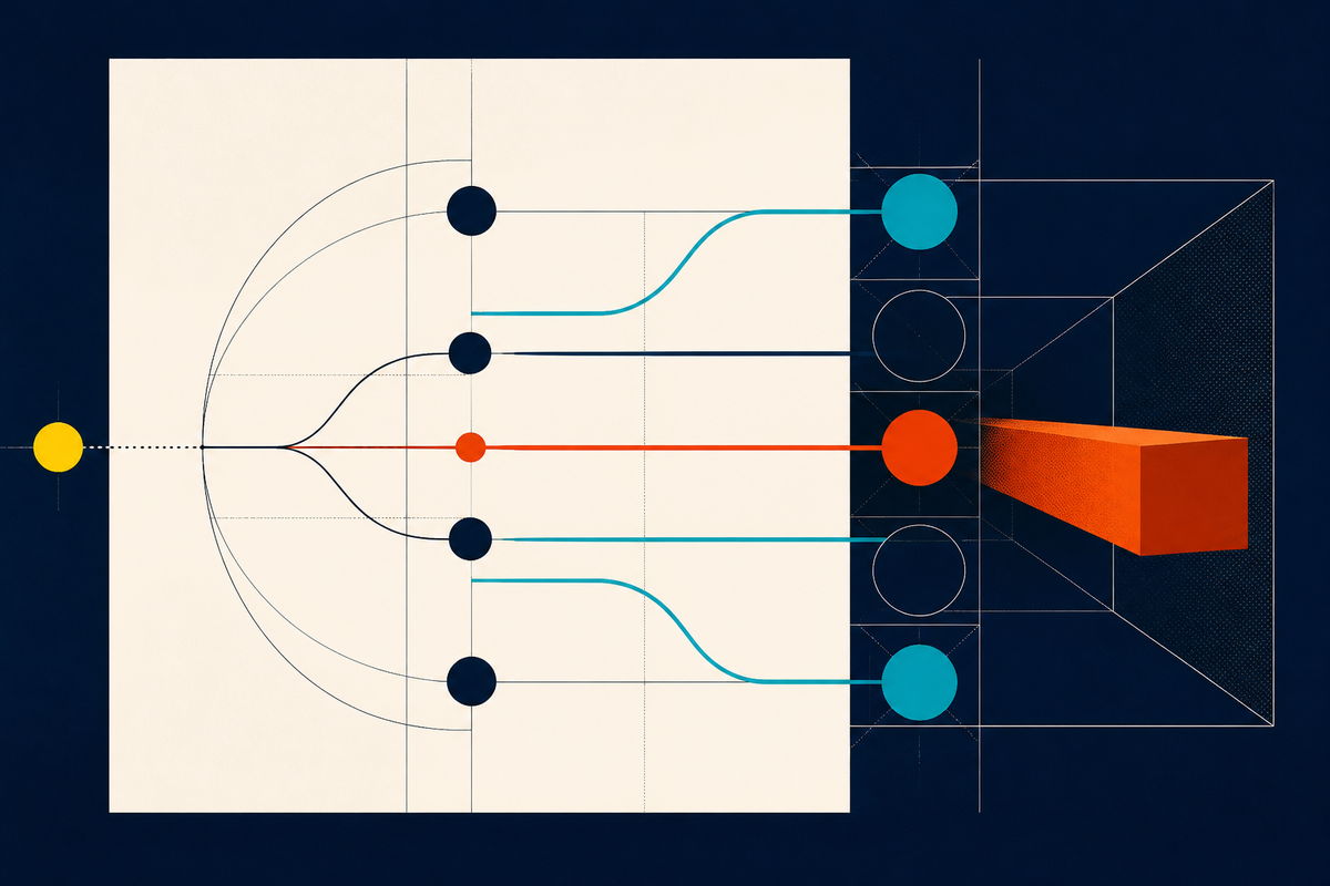 Abstract Swiss-style illustration of one seed branching through a product decision system toward a single outcome