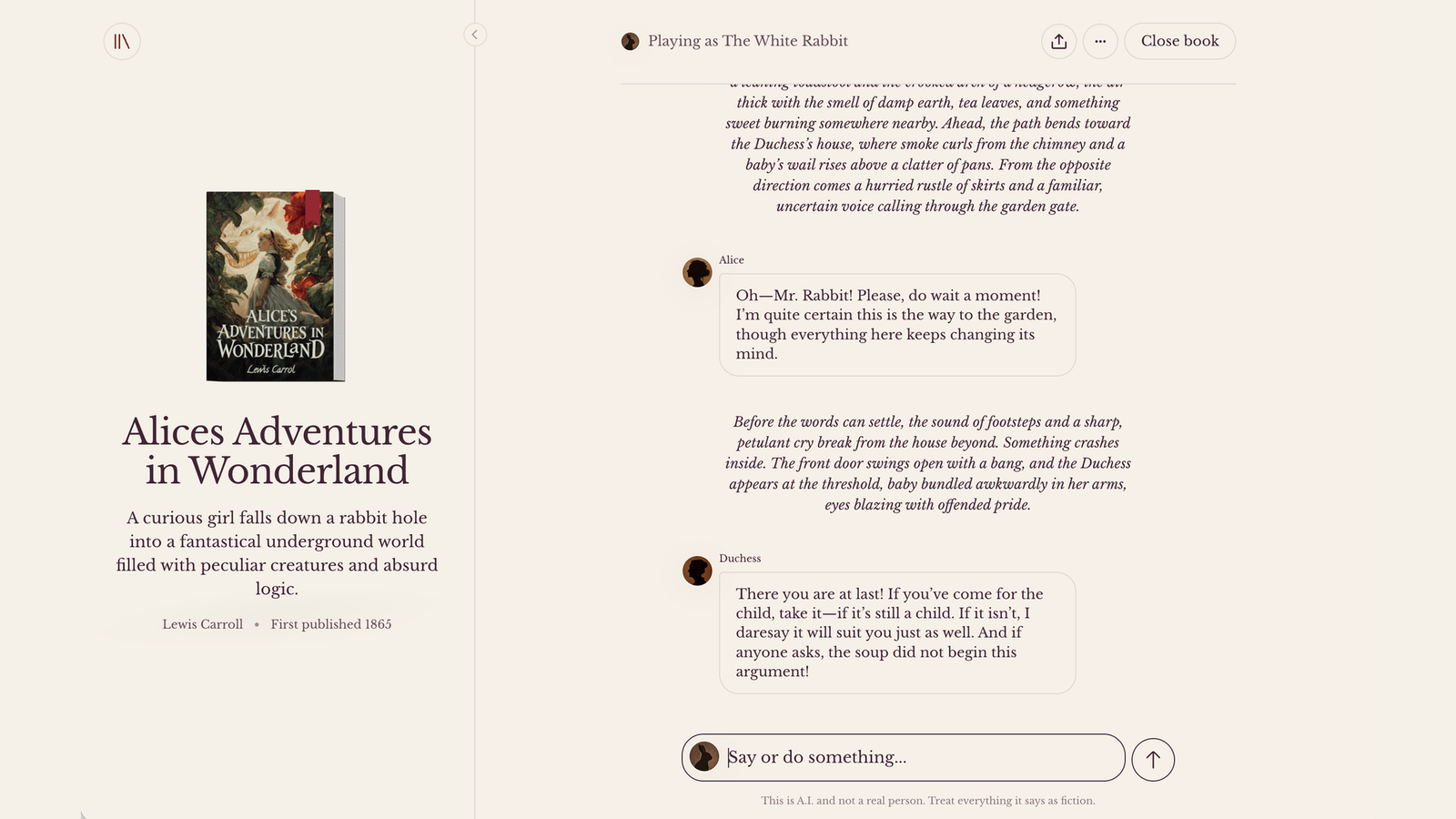 c.ai Books interface showing an interactive Alice's Adventures in Wonderland conversation