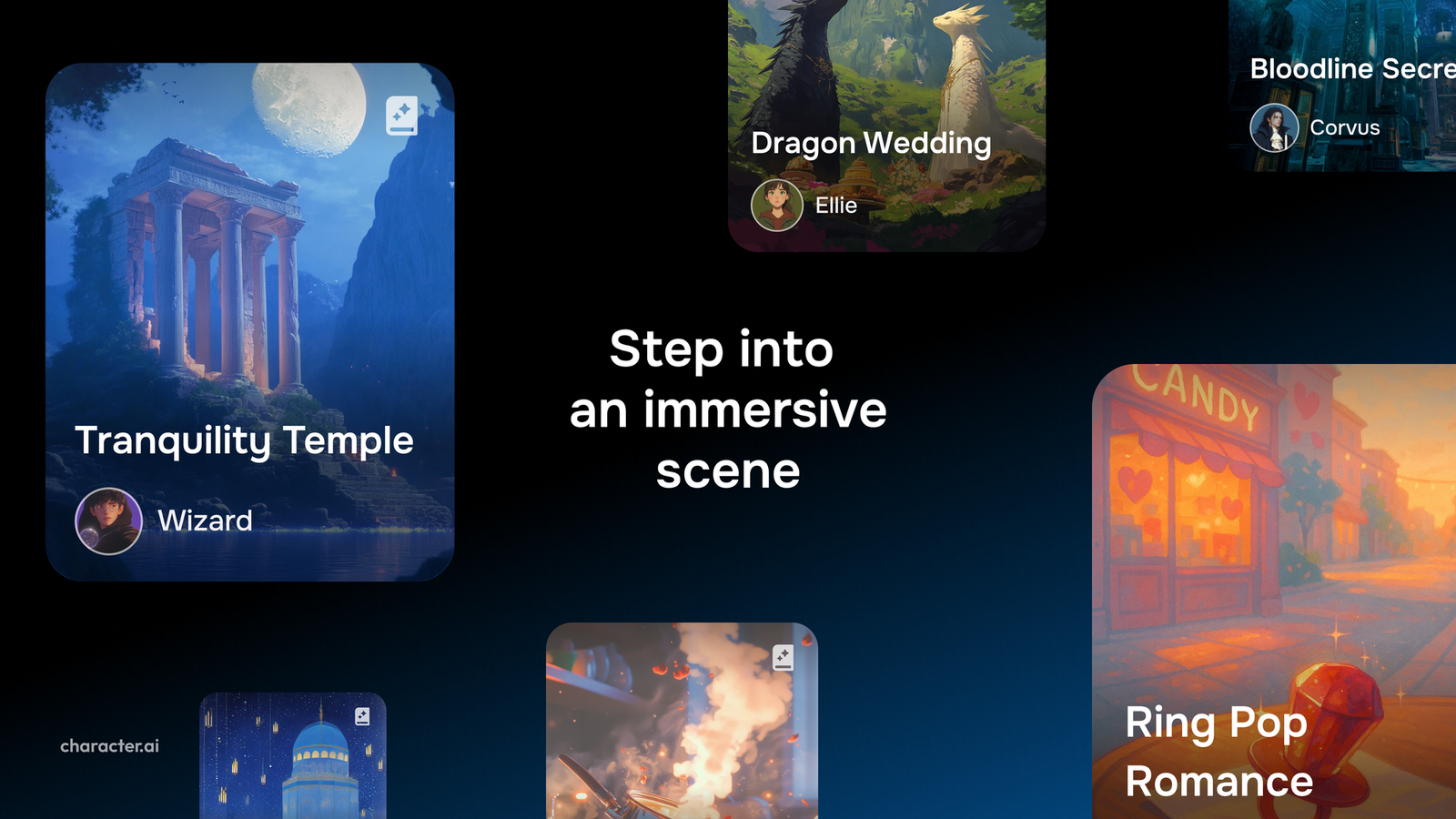 Character.AI Scenes interface showing several fantasy and romance scenarios