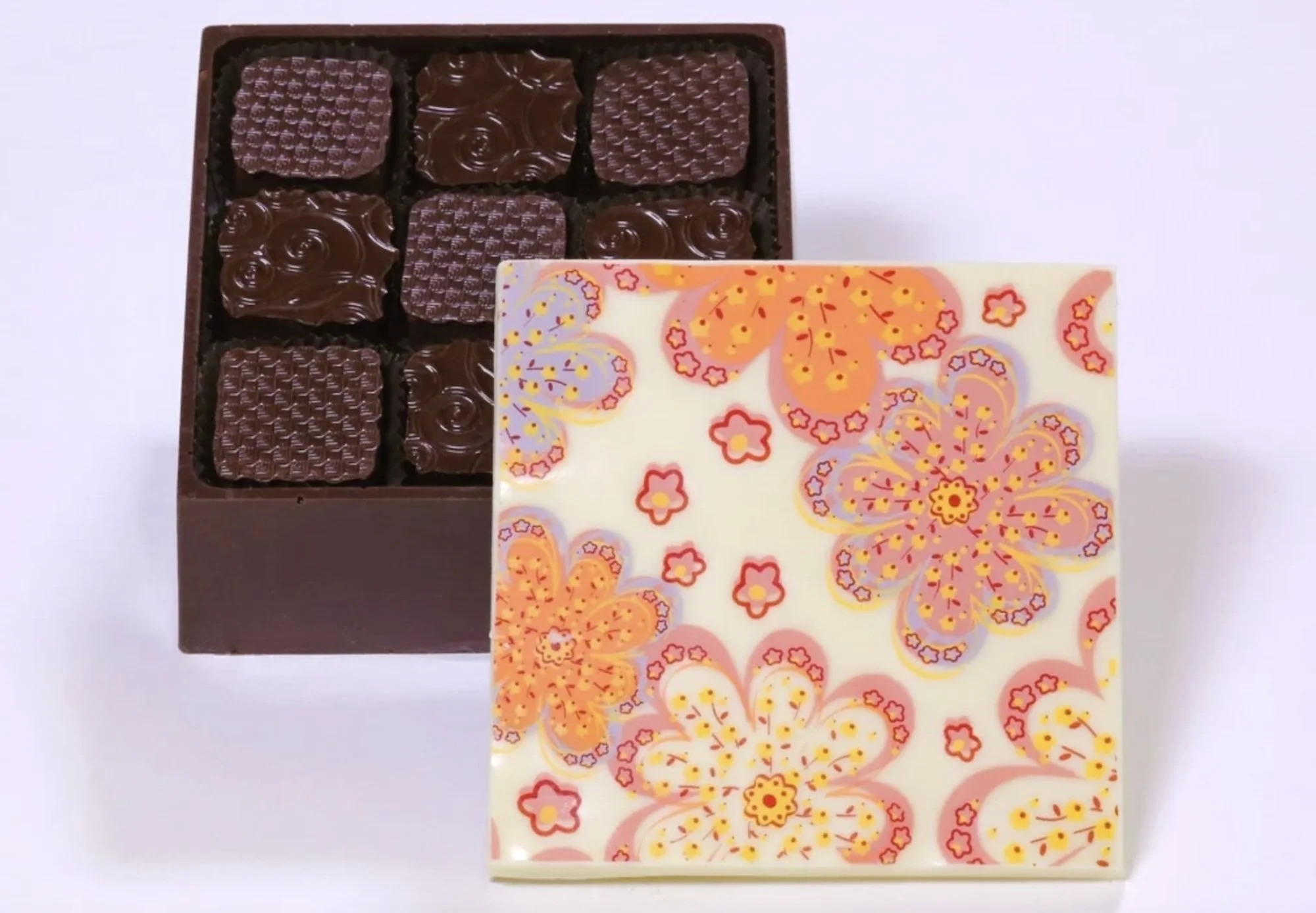Decorated edible chocolate box holding confections