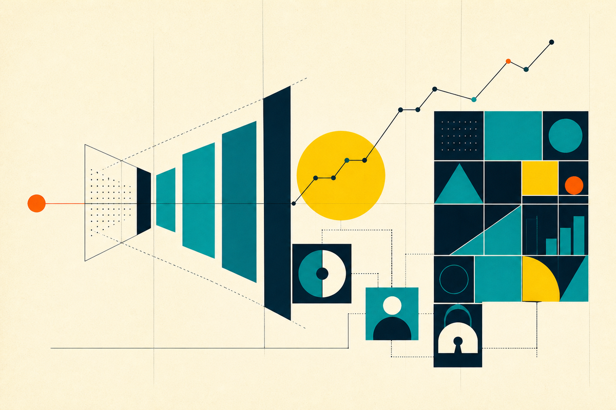 Abstract Swiss-style composition of an orange point expanding through teal market bars into a balanced portfolio grid