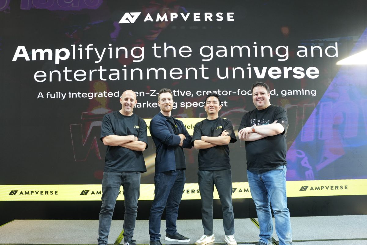 Charlie Baillie, at left, stands with three Ampverse colleagues at the launch of its Southeast Asia gaming playbook