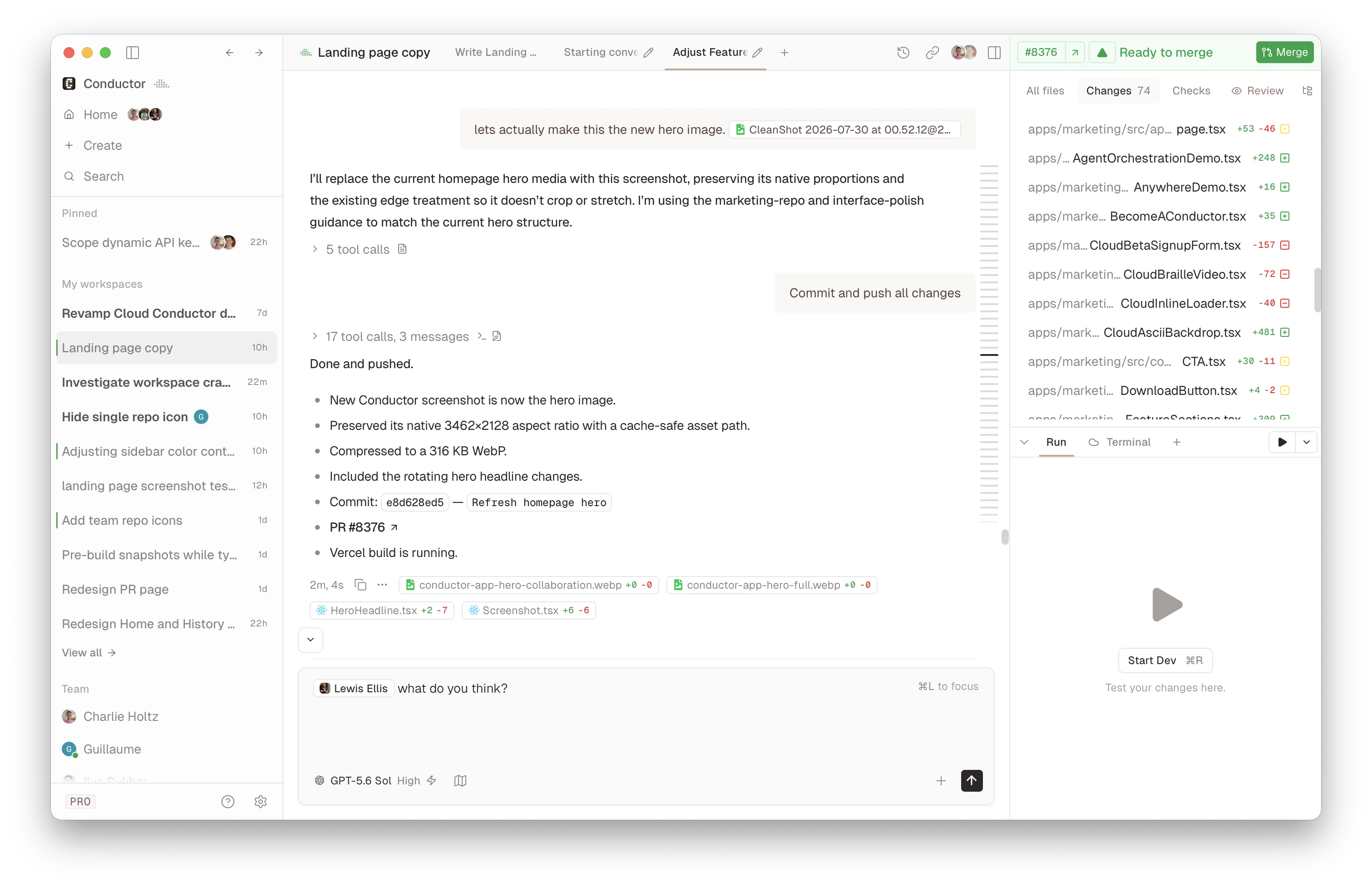 Conductor application with agent conversations and a code changes panel