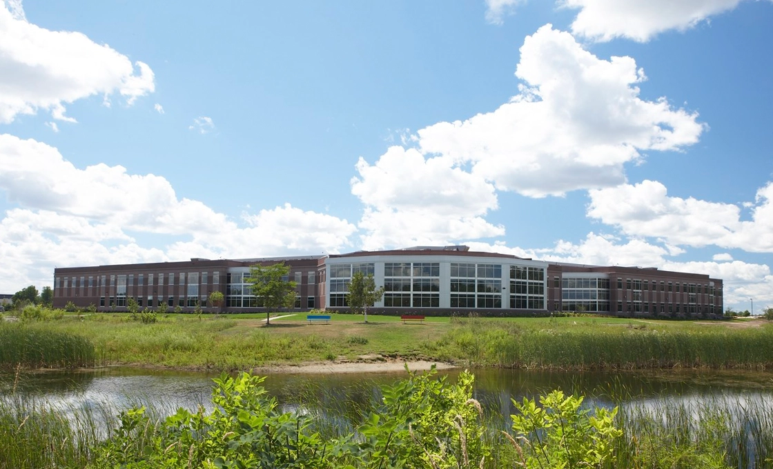Infinite Campus’s low, curved headquarters building in Blaine, Minnesota