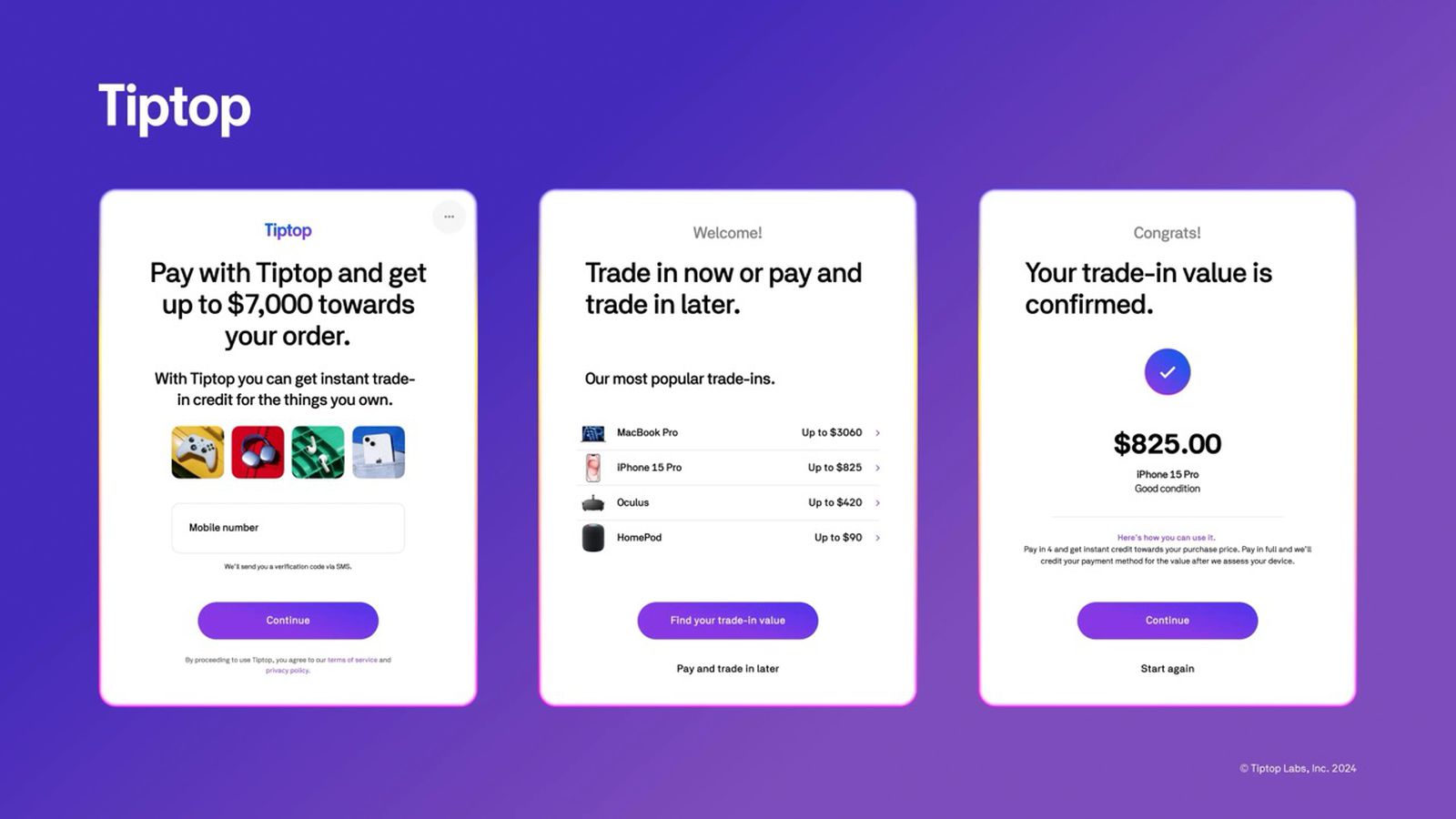 Tiptop trade-in interface shown across a laptop and mobile phone