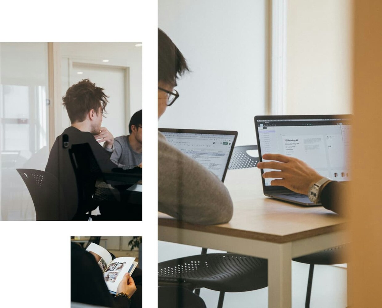 Two colleagues reviewing work together on laptops in a bright office