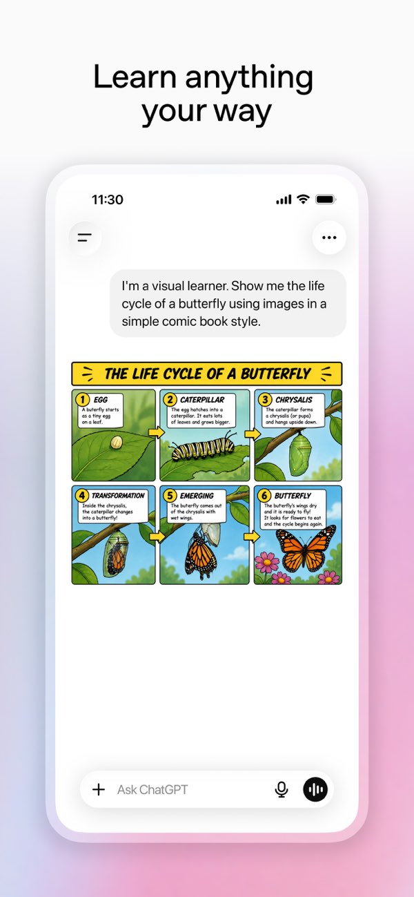 Official ChatGPT iPhone screenshot showing a visual lesson about the butterfly life cycle