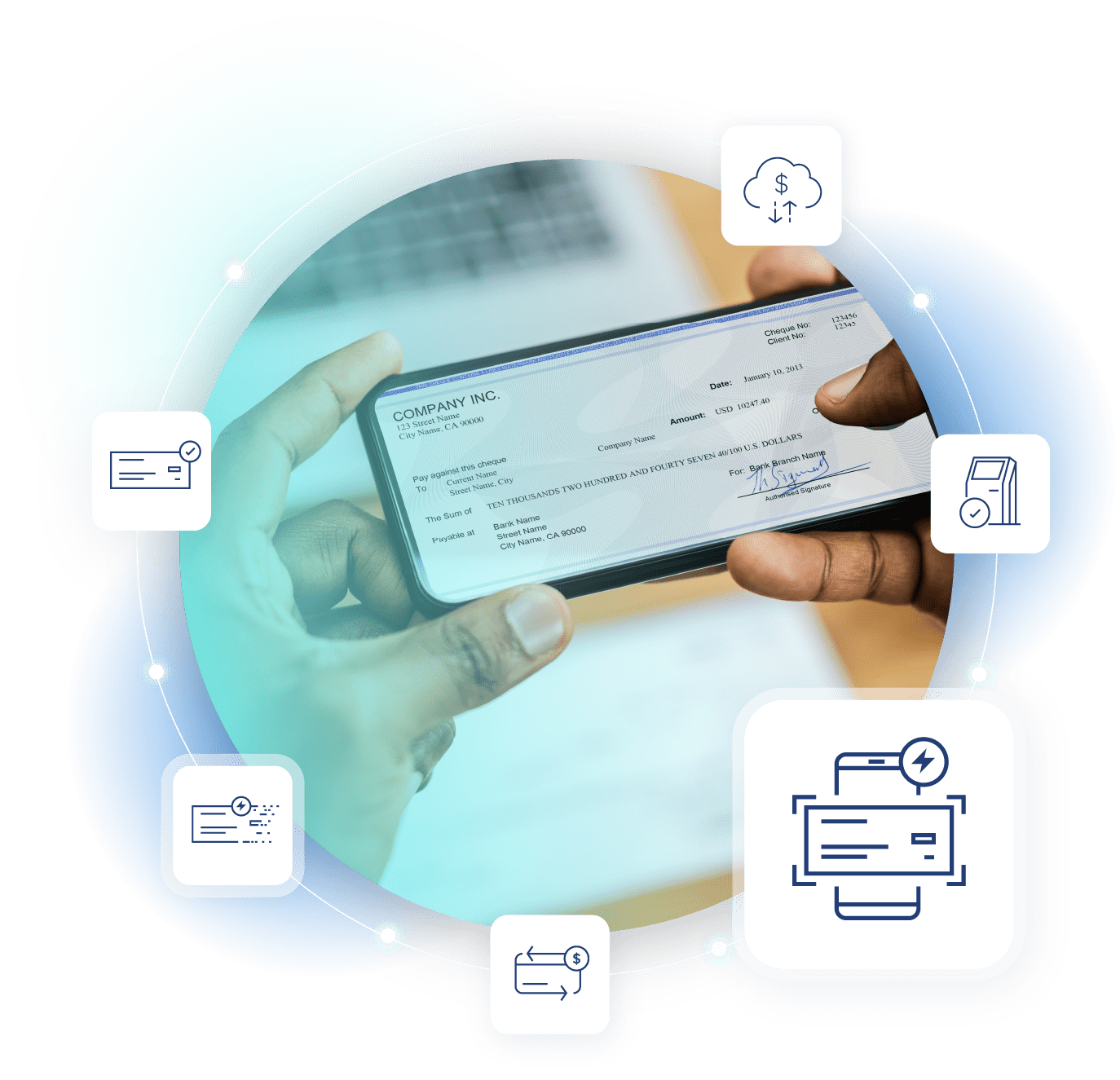 CheckAlt illustration of a phone capturing a check for mobile deposit