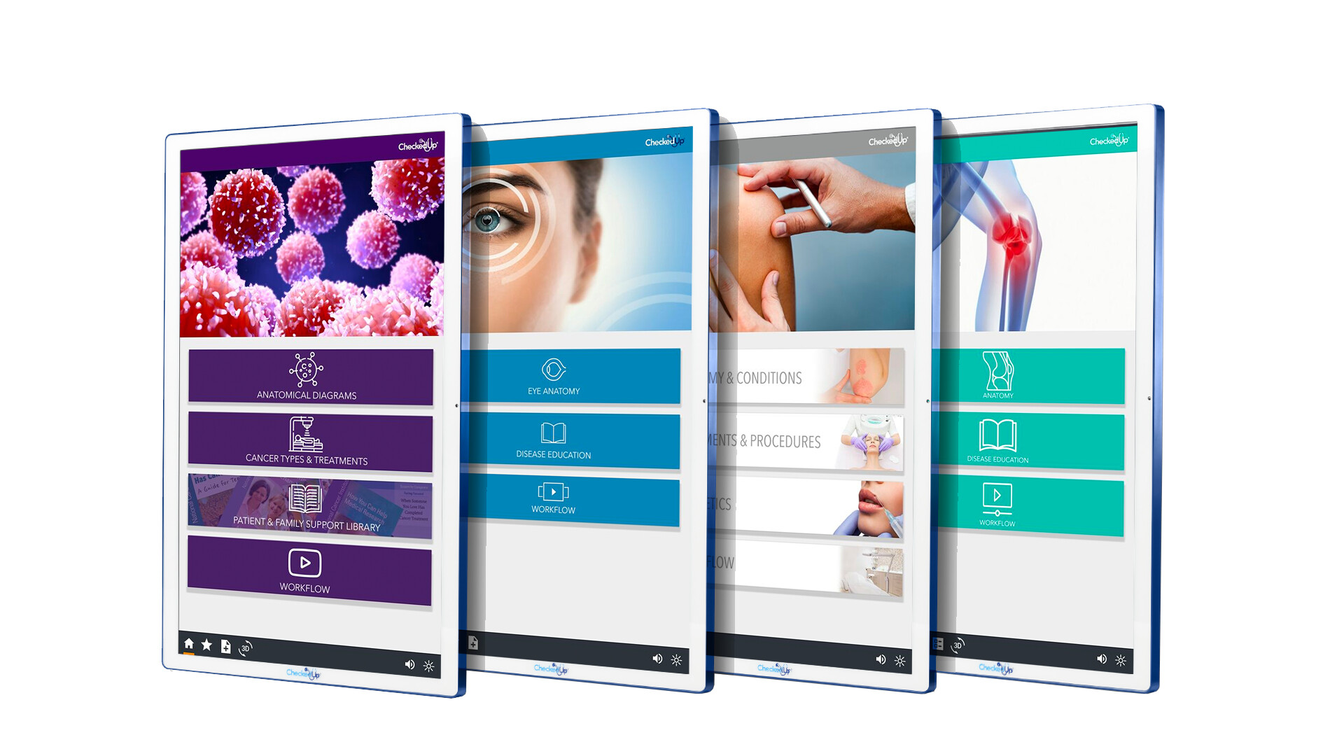 A fan of CheckedUp Consult wallboard interfaces showing oncology, eye, skin and joint education