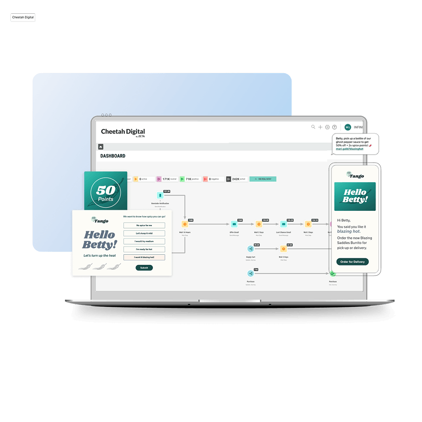 Illustrative Cheetah Digital interface showing a customer preference form, campaign journey and personalized mobile offer