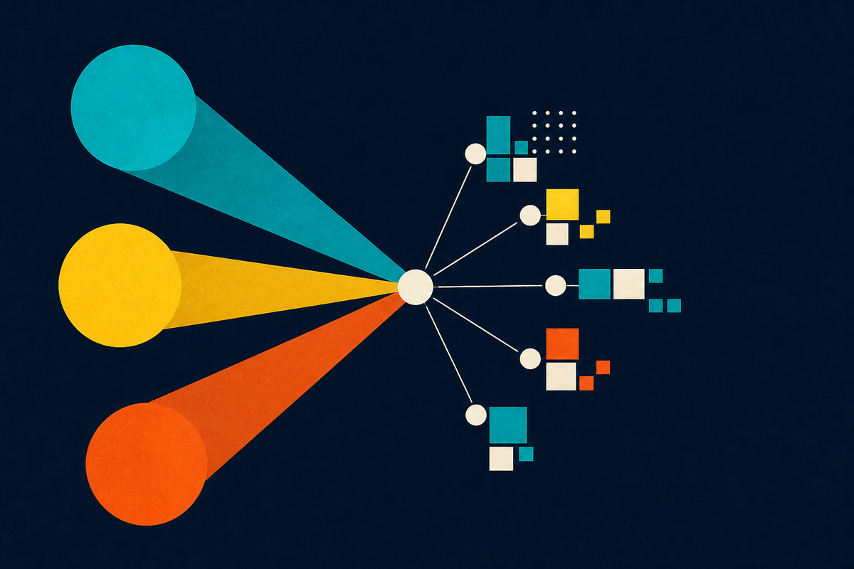 Abstract Swiss-style illustration showing three forces converging and branching into a focused portfolio