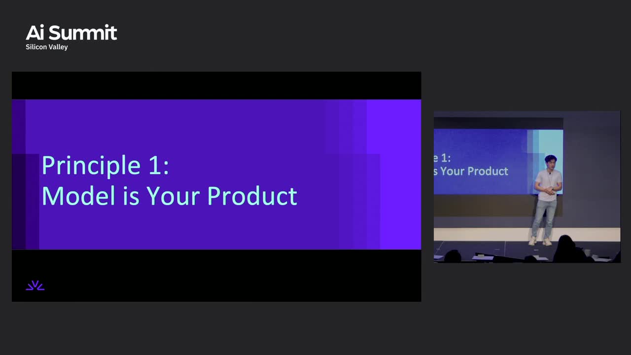 Chenyu Zhao presenting a slide that reads Model is Your Product at the 2025 TechEquity AI Summit