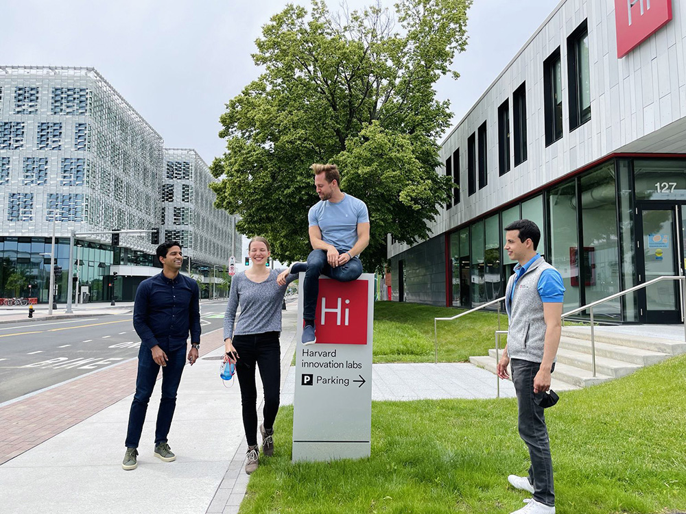 Adil Bahalim, Cheri Ackerman, Jared Kehe, and Bernardo Cervantes outside Harvard innovation labs in 2020