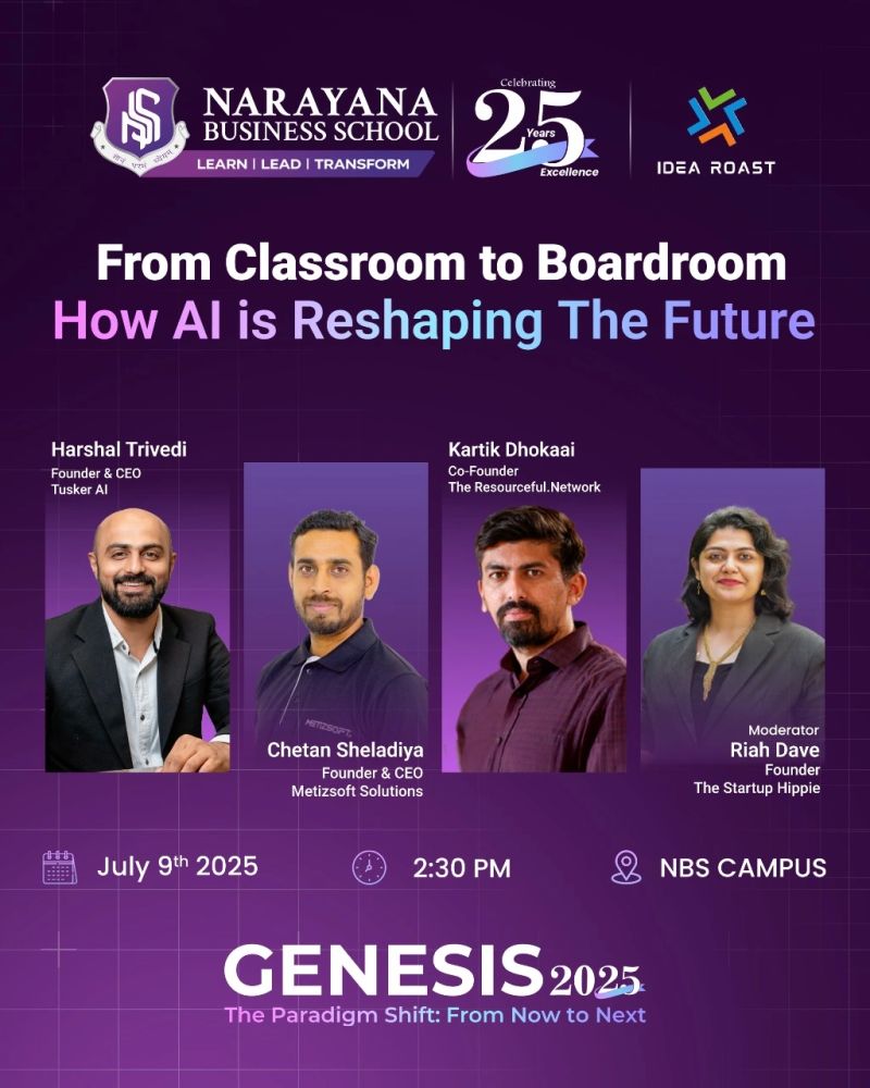 Genesis 2025 poster listing Chetan Sheladiya on a July 9 AI panel at Narayana Business School