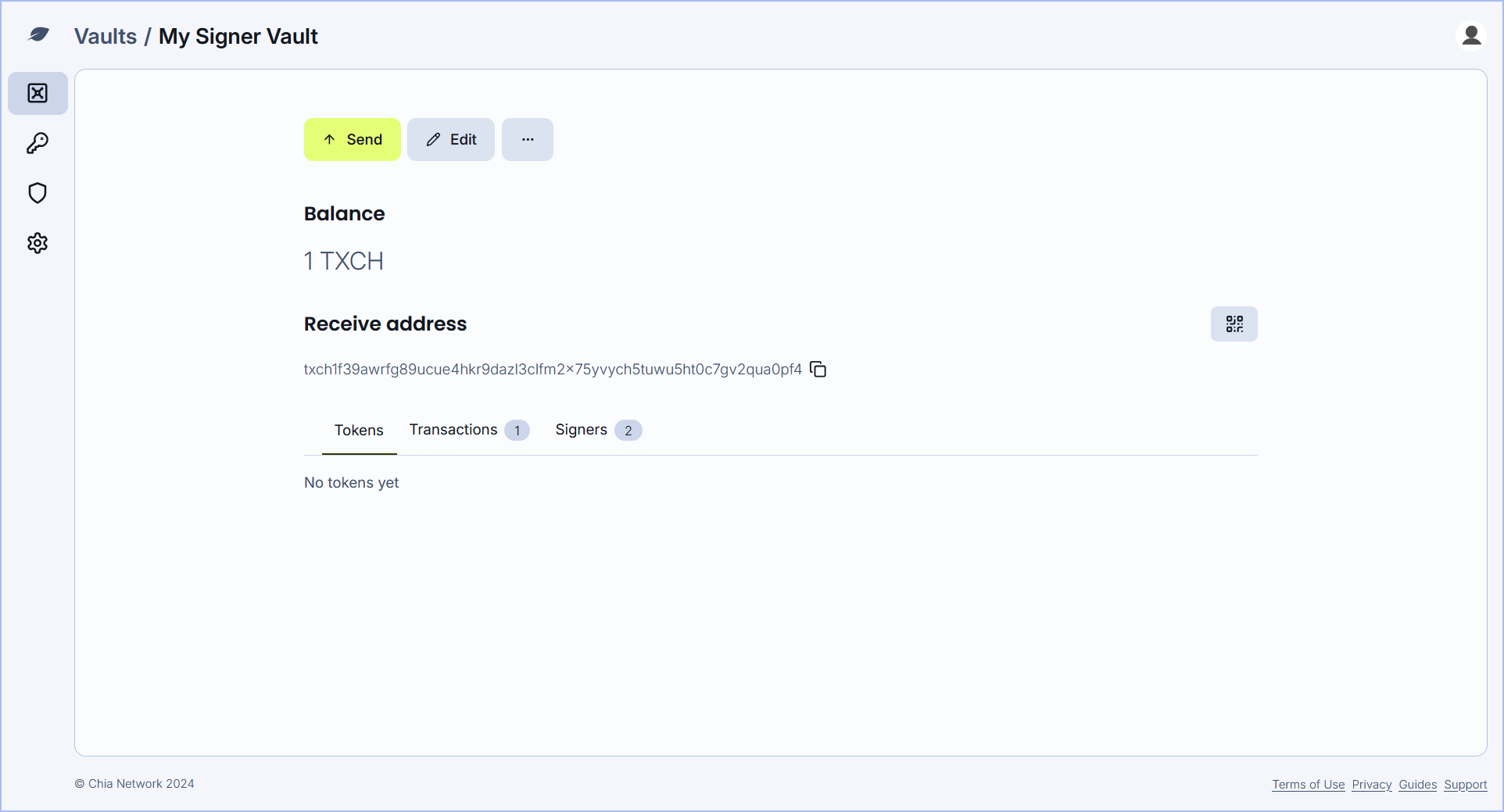 Official Chia Cloud Wallet documentation screenshot showing a vault funded with testnet currency