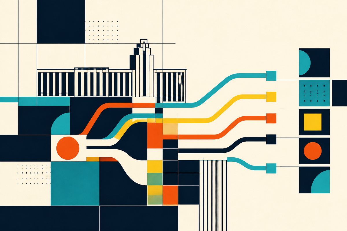 Abstract Swiss-style geometry showing pathways branching from Chicago architecture into connected systems