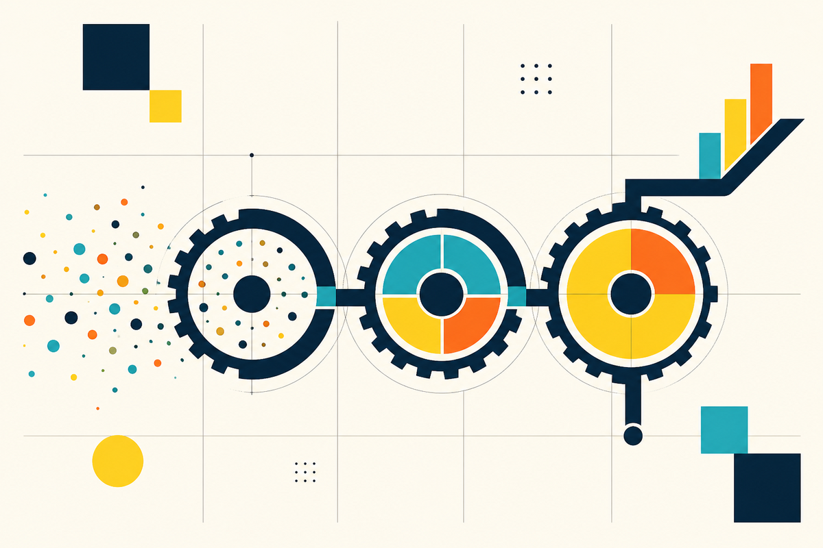Abstract Swiss-style composition of three connected gears turning scattered dots into a measured upward outcome