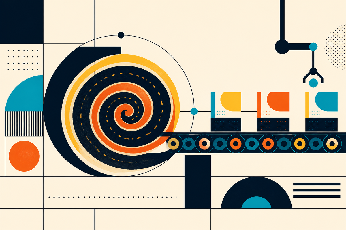 Abstract Swiss-style illustration of a bakarwadi spiral moving through a geometric production line