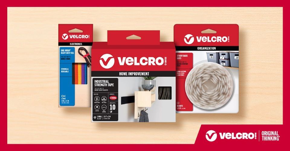 Three VELCRO Brand products in the 2024 red, white and black packaging system