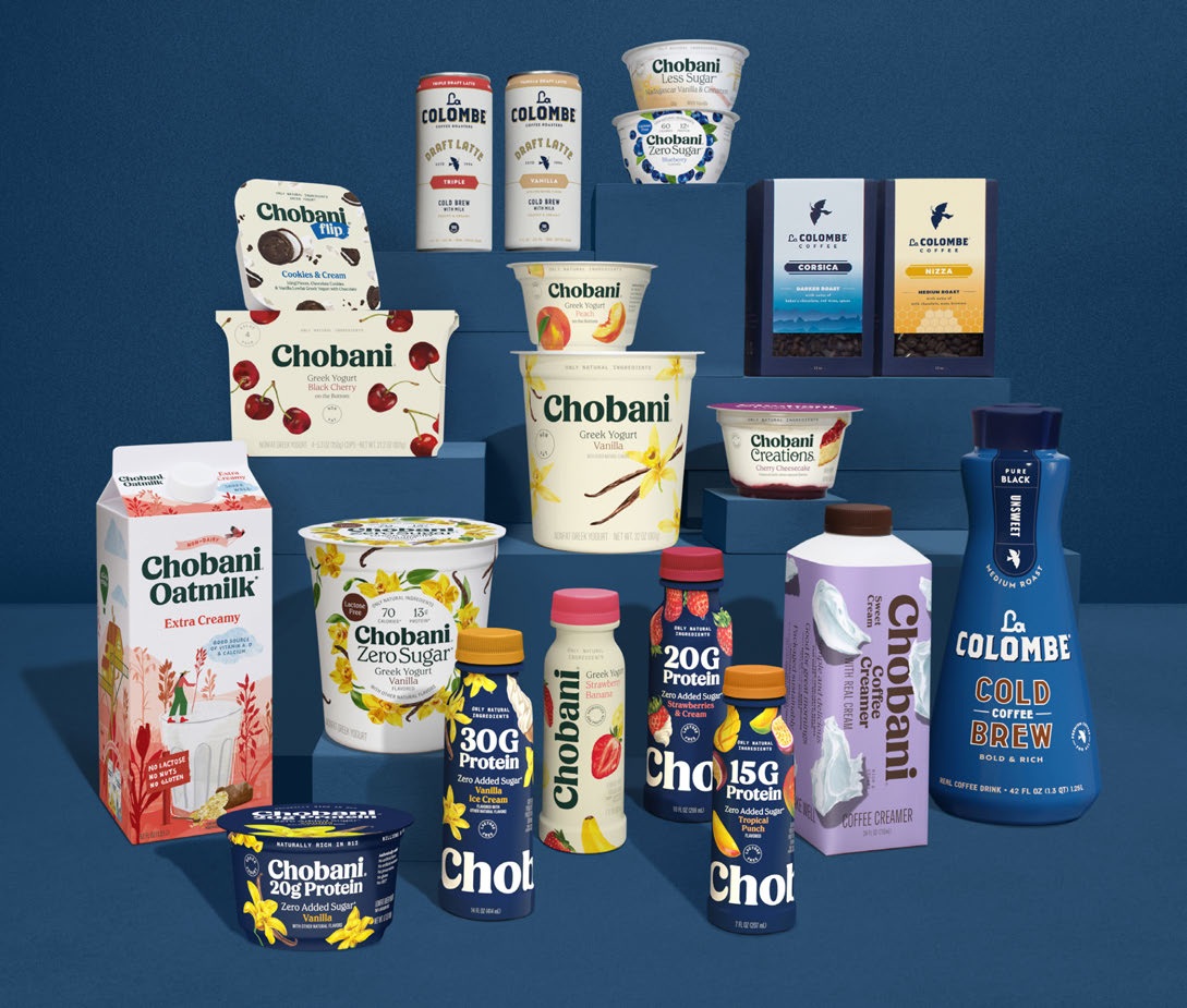 Chobani yogurt, protein drinks, oatmilk and creamers displayed with La Colombe coffee products