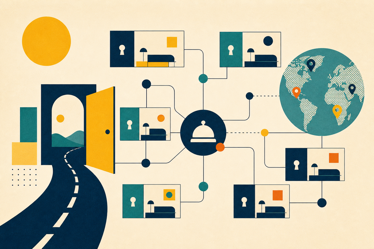 Abstract geometric illustration of hotel rooms connected through a global reservation network